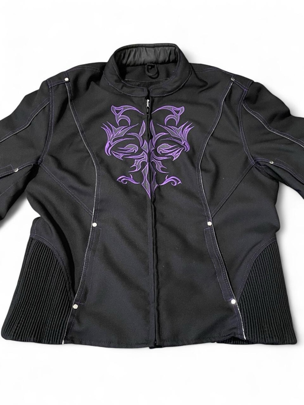 Black Bomber Jacket with Purple Embroidered Detail